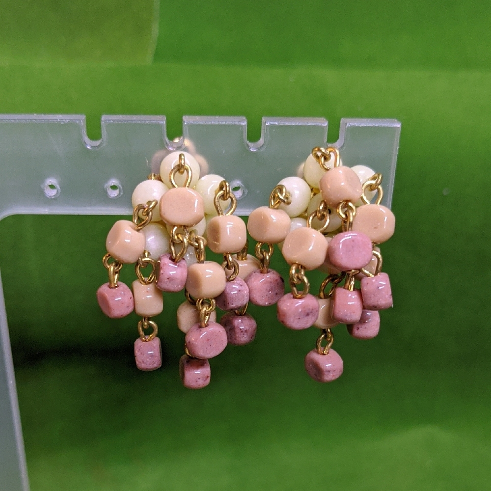 Vintage Beaded Earrings Clip-on Pink Cream with Gold-tone Hardware